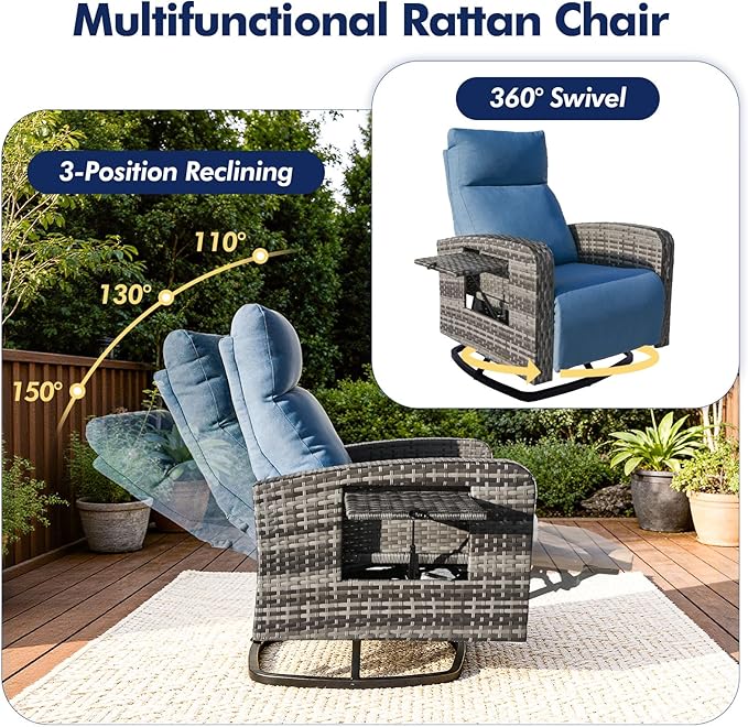 Outdoor Recliner Chair Set of 2, Wicker Patio Recliners - Image 3