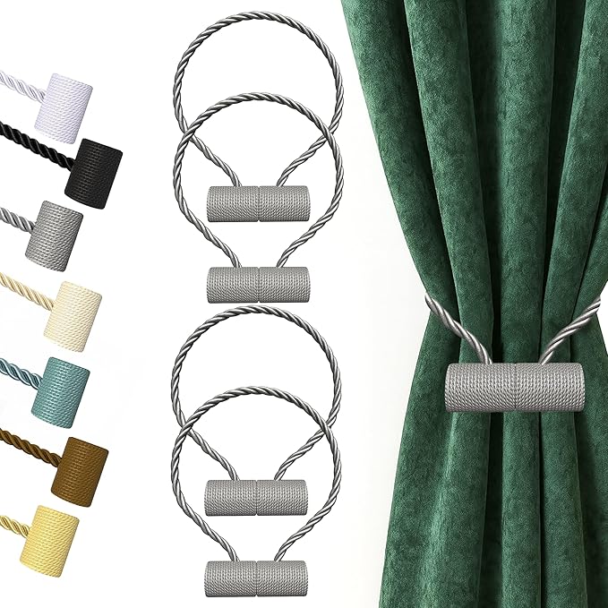 Hion Magnetic Curtain Tiebacks Grey 4 Pack, Curtain Tiebacks Buckles Holdbacks by Hion