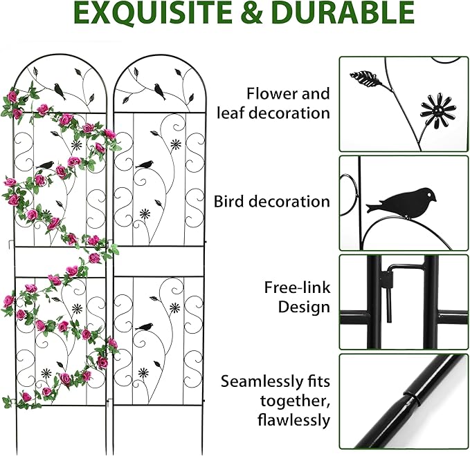 Metal Garden Trellis for Climbing Plants, 4 Pack 86.5" x 19.7" Black Plant - Image 5