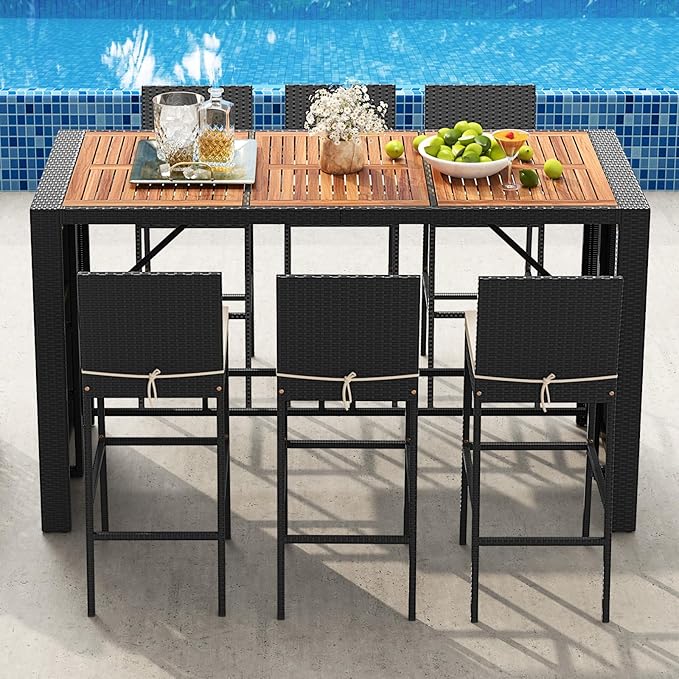 Tangkula 7 Piece Patio Wicker Bar Set, Patiojoy Outdoor Acacia Wood Bar Height - Image 3