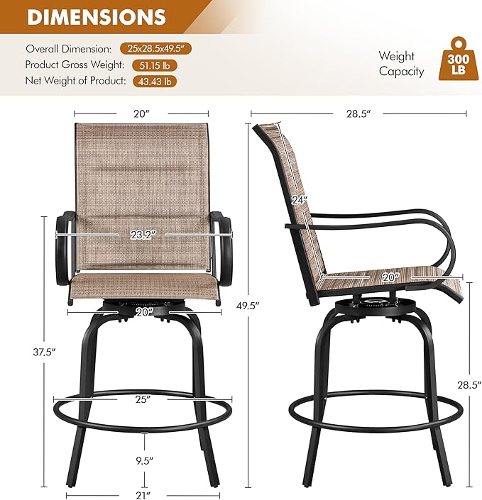 Yaheetech 6 Piece Patio Swivel Bar Stools Texteline Bistro Chairs - Image 3