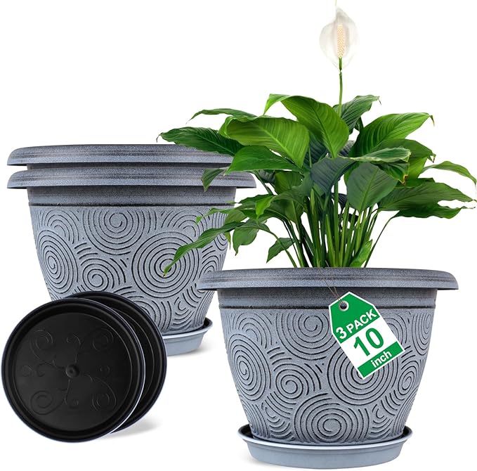 10 Inch Flower Pots Planters for Indoor Outdoor Plants, 3 Pack Plastic Large by Fodetyff
