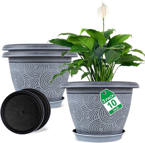 10 Inch Flower Pots Planters for Indoor Outdoor Plants, 3 Pack Plastic Large by Fodetyff