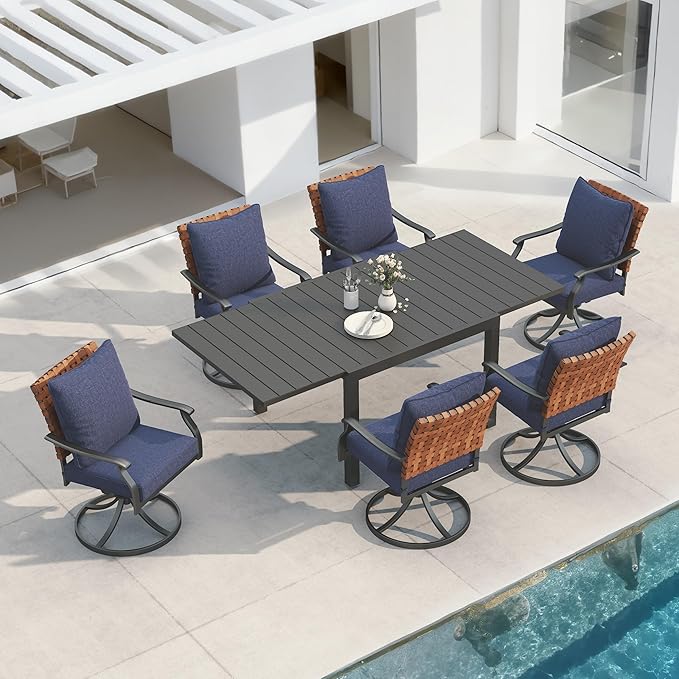 Grand patio 7-Piece Outdoor Dining Set, 6 Leather-Look Wicker Blue Swivel Patio by GrandPatio