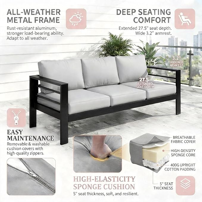 Kiss the Water Outdoor Couch Aluminum Patio Furniture Sofa, 3 Seat All-Weather - Image 8