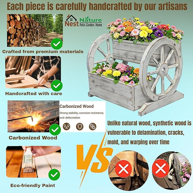 NestNature Wooden Wagon Planter Box, Raised Garden Bed, Decorative Garden - Image 8