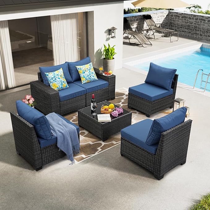 6 Pieces Patio Furniture Set All-Weather Outdoor Wicker Sectional Conversation - Image 8