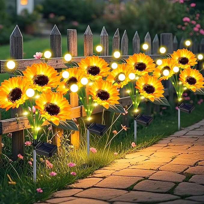 Sunflower Solar Lights Outdoor Garden Decor, Upgraded 4 Pack Solar Sunflowers by yeuago