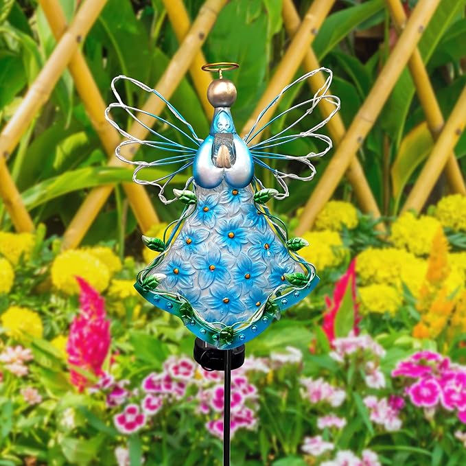 38Inch Angel Solar Lights Outdoor Decorative-Metal&Glass Angel Blue Hydrangea - Image 3