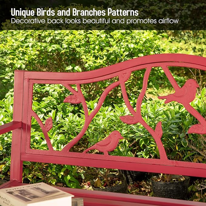 Sophia & William Outdoor Patio Metal Park Bench Red, Steel Frame Bench - Image 4