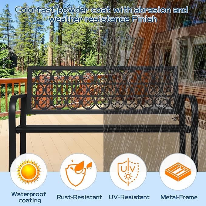 50" Outdoor Bench, Metal Weatherproof Garden Bench Cast Iron Heavy-Duty Patio - Image 3
