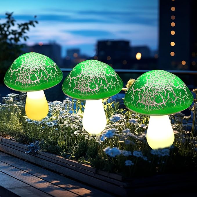 Solar Mushroom Lights Garden Decor 8 Green Crack Mushrooms Outdoor Decor Stake - Image 3