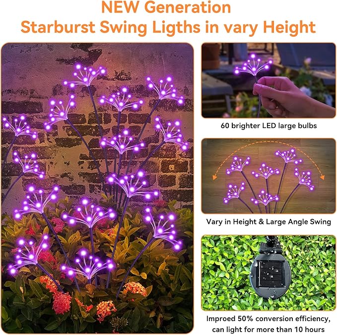 Solar Garden Lights 2 Pack Waterproof Solar Swaying Starburst Light Outdoor - Image 3
