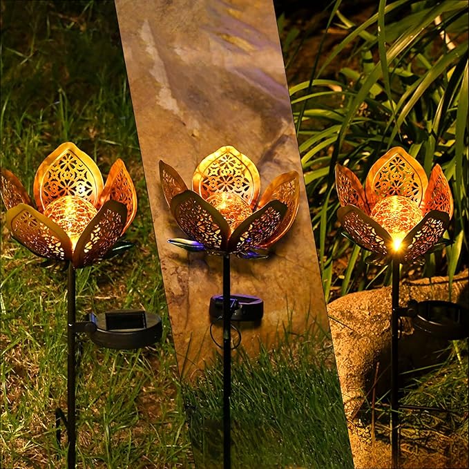2Pack Solar Lights Outdoor Garden Decor, LED Lotus Flower Lamp, Metal Tulip - Image 6