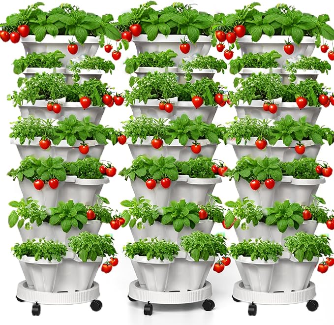 7 Tiered Strawberry Planters 3 Pack, Vertical Stackable Planter, Herb Stacking by Lykvrii