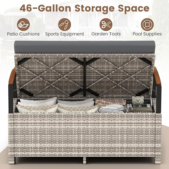 RELAX4LIFE Wicker Outdoor Storage Bench, Rattan Deck Box w/Protective Liner - Image 3