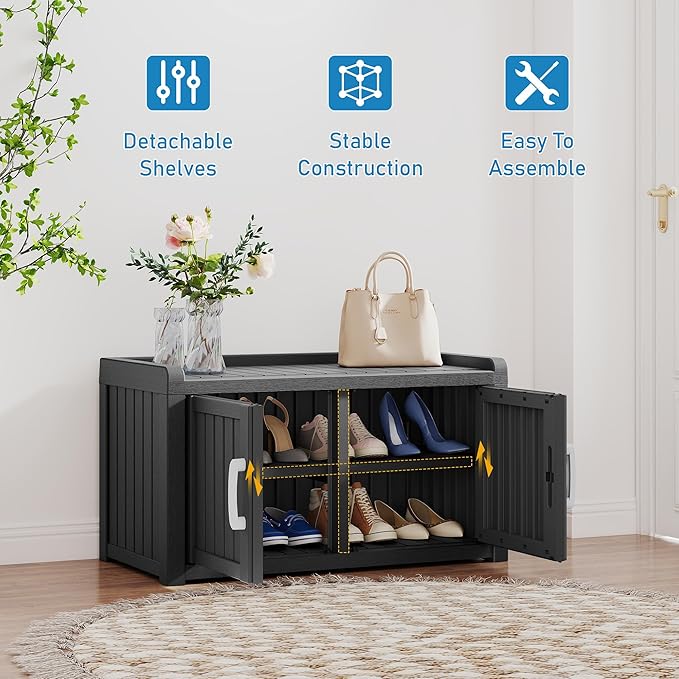 2-Tier Storage Bench, Waterproof UV-Resistant Outdoor Shoe Storage Cabinet - Image 3