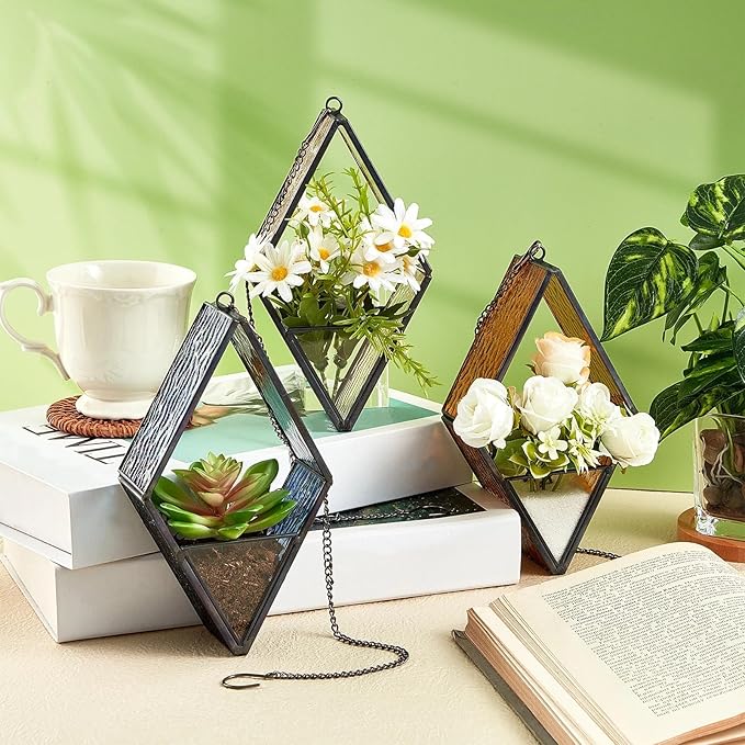 Yaomiao 3 Pcs Stained Glass Hanging Plant Terrariums Hanging Glass Planter - Image 3