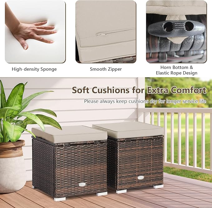 Tangkula 2 Pieces Patio Ottomans, Patiojoy Hand-Woven PE Rattan Side Table - Image 5