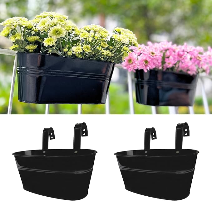 LaLaGreen Rail Planter Outdoor Plants Black Metal Iron Fence Hanging Flower by L%C3%A1L%C3%A1Green