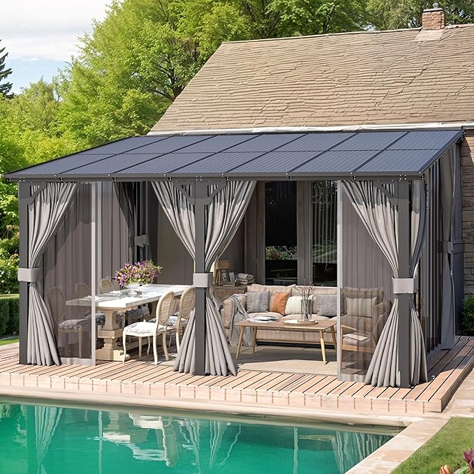 AECOJOY 14' x 10' Gazebo for Patio, Hard Top Lean to Gazebo Pergola by AECOJOY