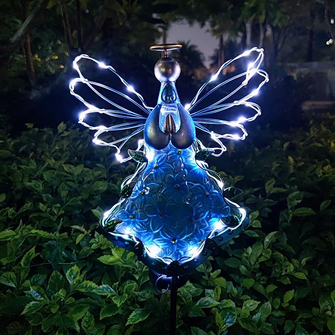 38Inch Angel Solar Lights Outdoor Decorative-Metal&Glass Angel Blue Hydrangea - Image 4