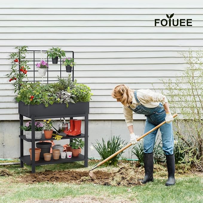 Metal Raised Garden Bed with Trellis & 2-Tier Storage Shelf, Elevated Planter - Image 2