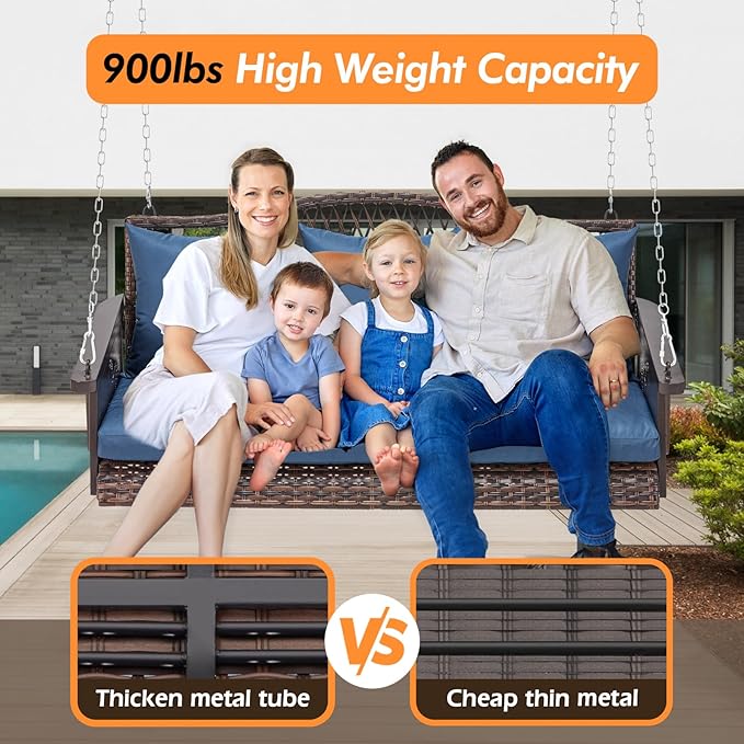 Upgraded Wicker Hanging Porch Swing Heavy Duty 900 LBS 3-Seat Outdoor Patio - Image 3