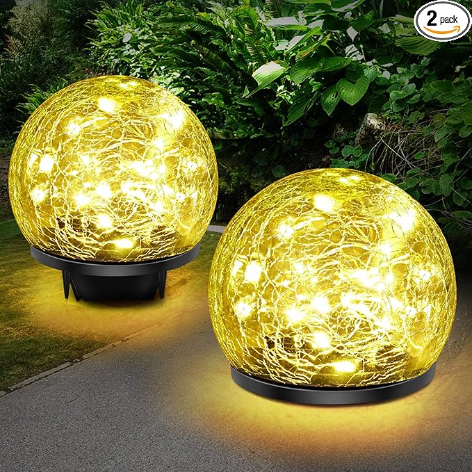 Solar Garden Lights, 2 Pack 60 LED Cracked Glass Solar Globe Lights Outdoor by Keevvon