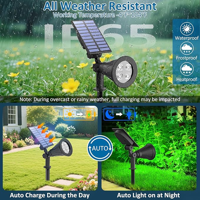 T-SUNUS Green Solar Spot Lights Outdoor 2 Pack, IP65 Waterproof Garden - Image 3