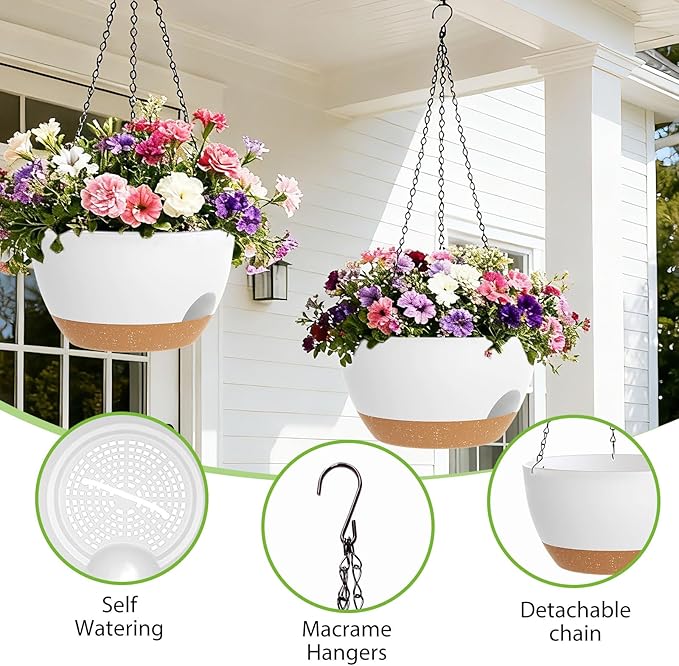8 Inch Hanging Planters for Indoor Outdoor Plants, 4 Pack White Brown Plastic - Image 3