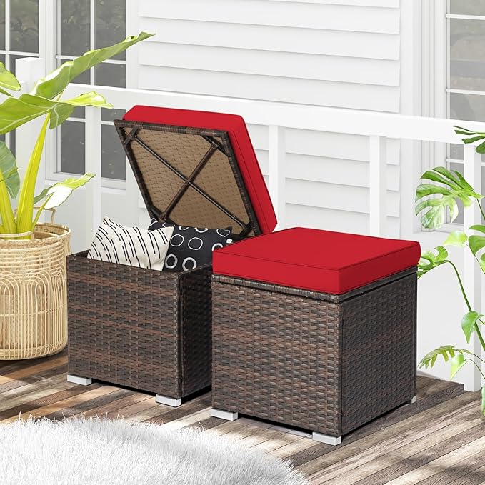 RELAX4LIFE Wicker Outdoor Storage Ottoman, 2-Piece Rattan Footstool w/Removable - Image 9