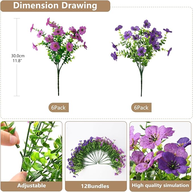 Artificial Flowers Faux Plants Outdoor Fake Flowers Spring Decor, 12 Bundles - Image 3