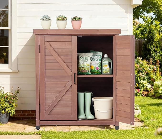 Outdoor Potting Bench with Storage Cabinet and Metal Top, Wood Workstation - Image 8