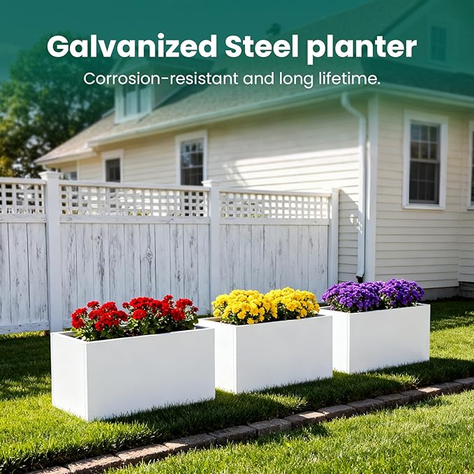 White Steel Planter Rectangular Outdoor Indoor Planter Box Galvanized Steel - Image 9