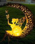 Solar Garden Statues Outdoor Decor, Fairy Moon Figurine Light Stake, by Vuees