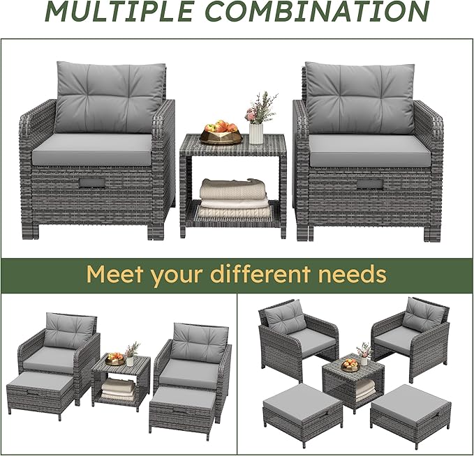 LHBcraft Outdoor Furniture 5 Piece Patio Conversation Set, PE Rattan Patio Set - Image 5