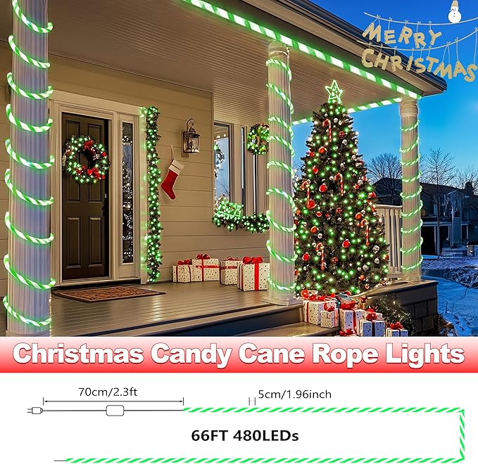 Jnaurb Christmas Candy Cane Lights, 66ft 480 LED Connectable Flexible White & - Image 6