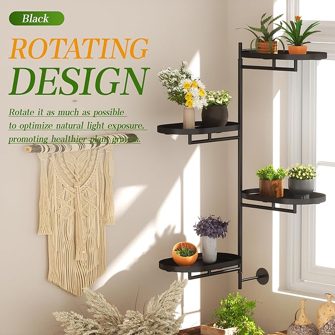 Window Rotating Plant Stand Shelf Indoor Black Metal Floating Shelves 4-Tier - Image 2
