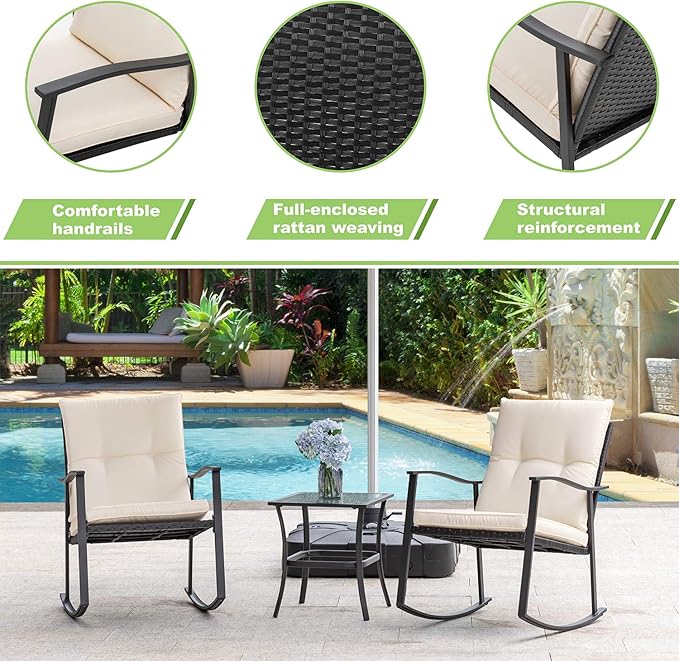 Vongrasig 3 Piece Outdoor Rocking Chair Set, PE Wicker Rattan Small Bistro Set - Image 3