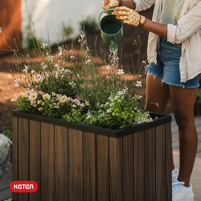 Keter Signature 21.7 Inch Tall Rectangular Large Wood Look Planter - Image 11