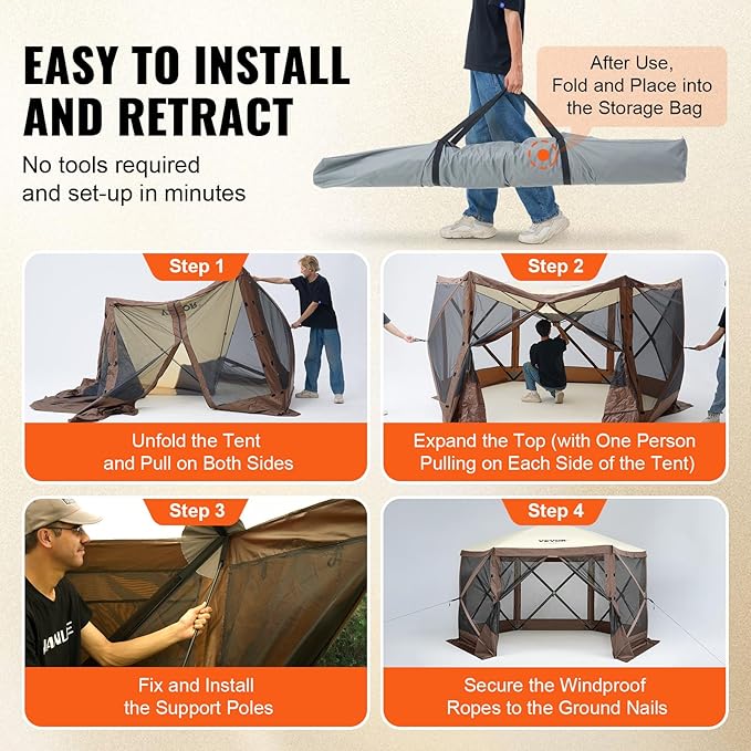 VEVOR Pop Up Gazebo Screen Tent 6 Sided Canopy Sun Shelter - Image 6