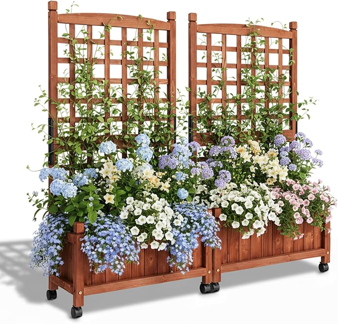 VINGLI 2PC Wooden Planter with Trellis, FreeStanding Planter Box with Drainage by VINGLI