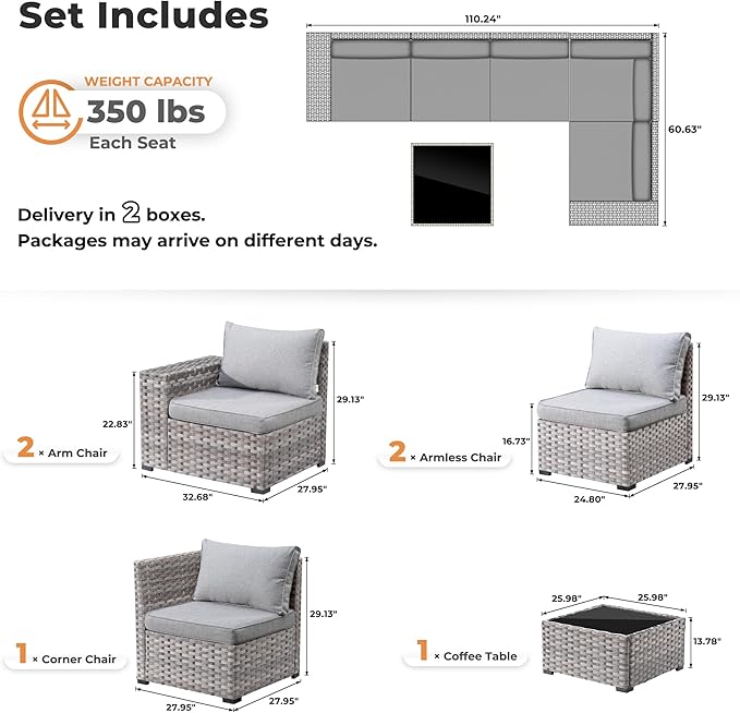 ovios 6 Pieces Patio Furniture Set, Outdoor Wicker Sectional Sofa - Image 2