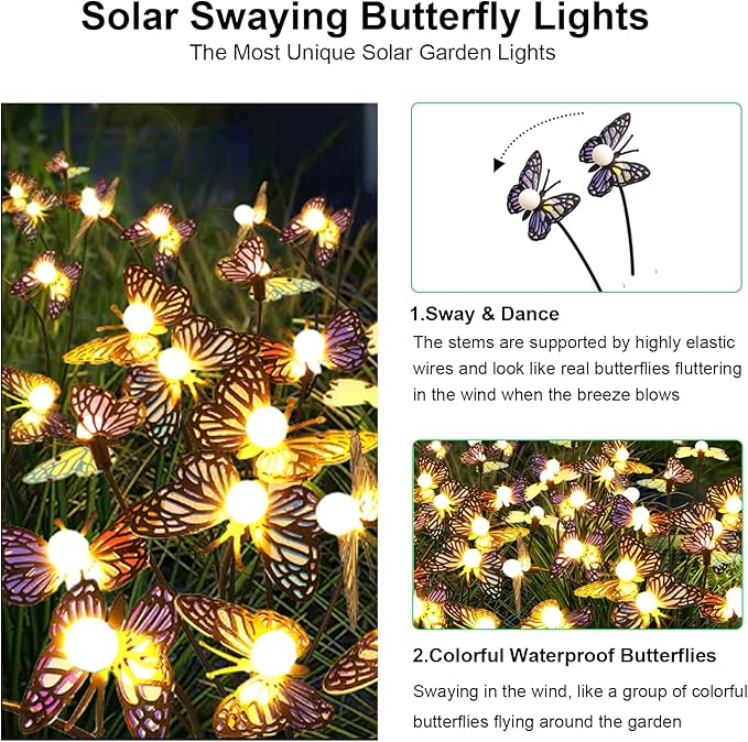 Solar Garden Butterfly Lights, 4 Pack 32 LED Solar Swaying Lights, Swaying in - Image 2