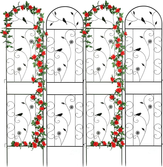 Metal Garden Trellis for Climbing Plants, 4 Pack 86.5" x 19.7" Black Plant by FHWTY