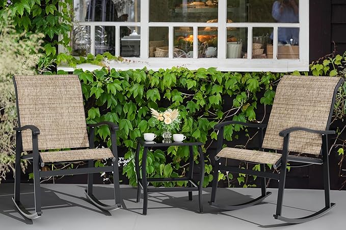 Vongrasig 3 Piece Outdoor Rocking Bistro Set, Textilene Fabric Small Patio - Image 8