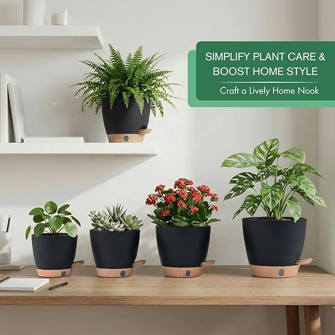 montresor 5-Pack Self-Watering Plastic Plant Pots 5/5.5/6/6.5/7 Inch– Black - Image 2