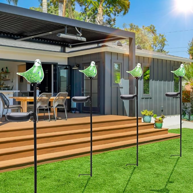 Bshine Solar Garden Decoration Outdoor Green Bird Lights, 2 Pack Hand Blown - Image 6