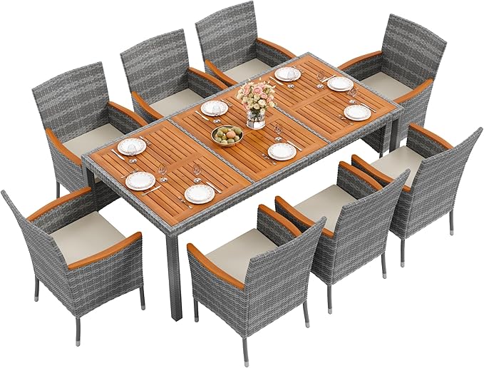 Flamaker 9 Piece Patio Dining Set Outdoor Acacia Wood Table and Chairs by Flamaker